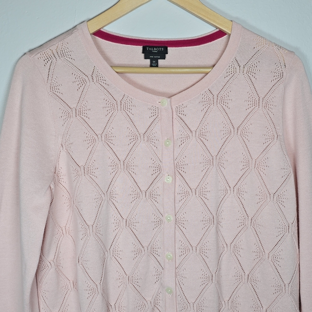 Talbots Women's Pointelle Pima Cotton Button Up Cardigan Sweater Pink 1X New - Picture 4 of 10
